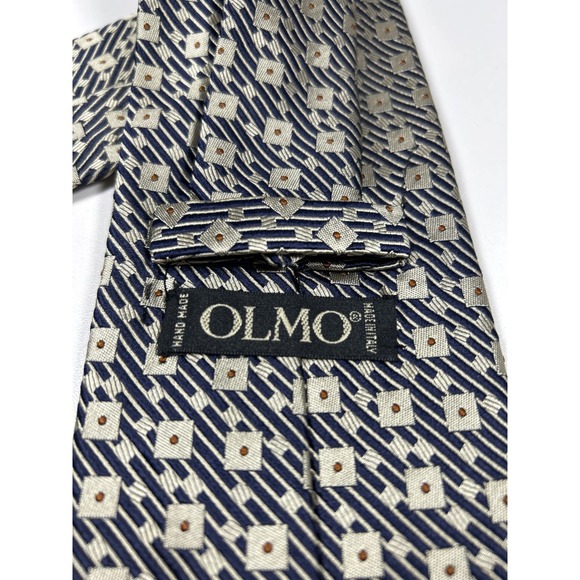 Olmo Mens Silk Tie Navy Blue Silver Geometric Squares Dots Hand Made Italy - Picture 3 of 6